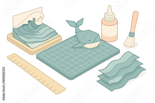 Seaside Paper Diorama. Isometric vector illustration set Seaside Paper Atelier: paper ocean diorama, cutting mat, folded whale,