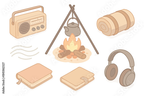 Silent Frequency Campfire. Isometric vector illustration set Silent Frequency Campfire: camp radio beside embers, kettle on stand,