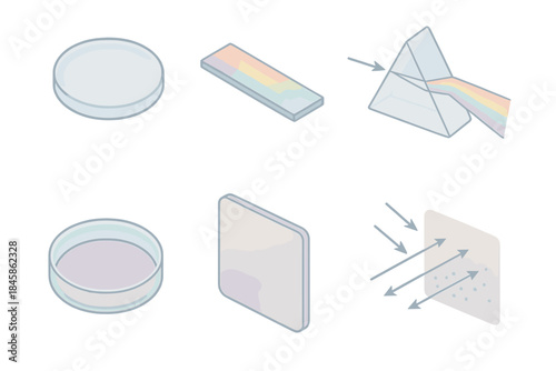 Optical Science Illustrations. Isometric vector illustration set Visual Science Archive: glass lens collection, rainbow spectrum