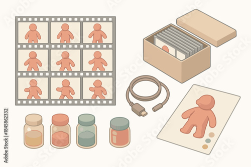 Stop-Motion Essentials. Isometric vector illustration set Handmade Stop-Motion Archive: clay model frame sequence, labeled photo