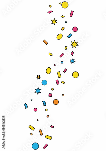 Colorful confetti cascade with stars and circles in a festive stream of shapes and glitter.