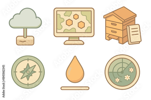 Apiary Weather Dashboard Icons. Isometric vector illustration set Apiary Weather Dashboard: cloud sensor device, pollen map