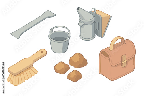 Beekeeping Tools Vector. Isometric vector illustration set Beekeeper Resin Tools: hive scraper, smoker, small bucket, propolis