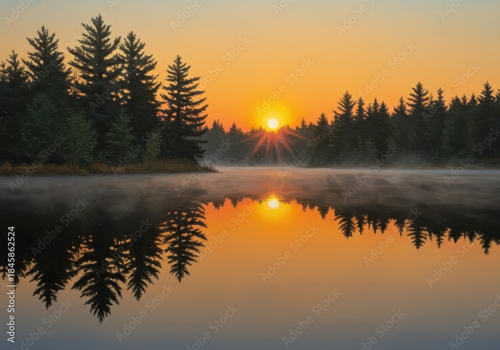 Fototapeta premium A vibrant abstract landscape painting capturing a still forest lake at dawn, reflecting the intense golden and orange hues of the rising sun ,light, ethereal, background