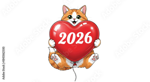 Whimsical cartoon cat holding a bright red heart emblazoned with 2026 for festive goodwill.