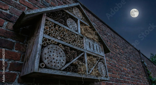 Artistic insect hotel integrated into brick wall illuminated by moonlight