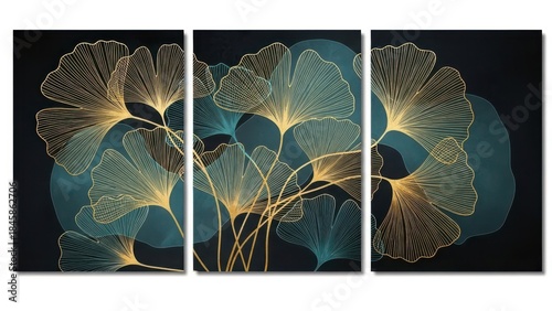 Elegant golden ginkgo leaves on a dark teal background a triptych wall art piece
