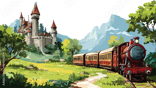 Scenic Painting of Train Passing Castle in Field - Captivating Image for Design Projects
