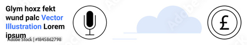 Digital services, audio storage, financial payments, cloud technology, online transactions, communication. Black microphone, blue cloud and pound currency icon. Digital services and cloud technology
