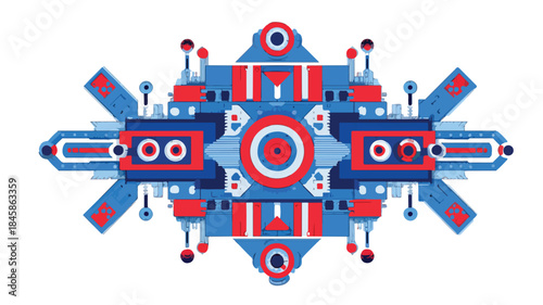 Vibrant Red and Blue Object with Intricate Design, Vector Illustration