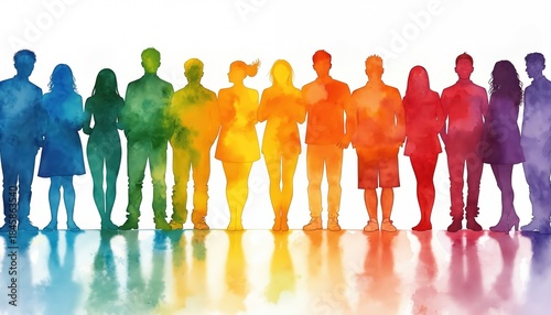 Diverse group of people standing together, silhouettes filled with rainbow watercolor splashes. Represents unity, inclusion, individuality in community. Celebrates equality, acceptance, varied