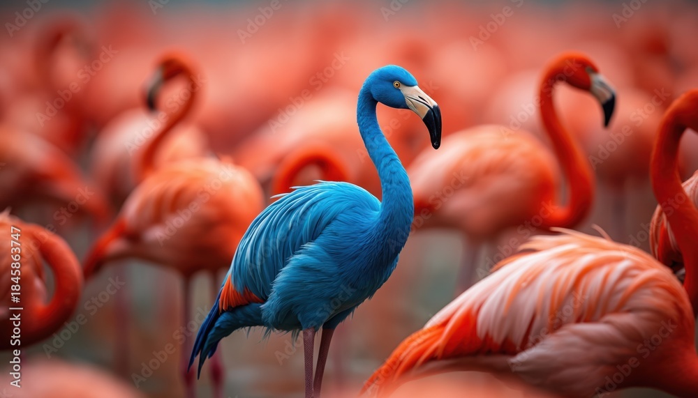 Obraz premium A lone blue flamingo stands out from a flock of pink flamingos. Its distinct color makes it unique in the group. The bird has bright blue plumage. Flamingo colony wildlife nature scene.