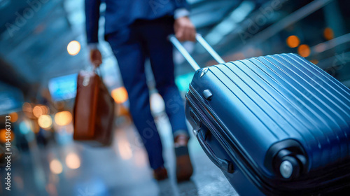 Business traveler walking through airport terminal with luggage on a bustling evening