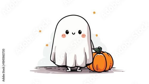Cute Cartoon Ghost Holding Pumpkin - Halloween Vector Illustration