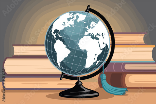 Global Learning and Knowledge Globe with Stacked Books