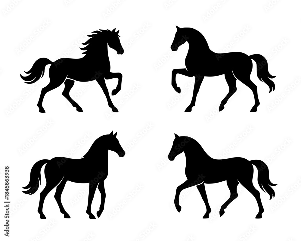Fototapeta premium 4 horse illustrations, black, transparent background