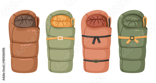 Four colorful cartoon sleeping bags arranged side by side on a white background