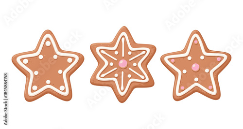 Three star shaped gingerbread cookies decorated with white icing and sprinkles