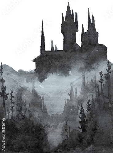 фотографія Watercolor hand painted dark castle frame isolated on white.