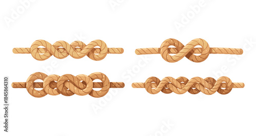 Collection of four different decorative rope knots tied in a line on a white background