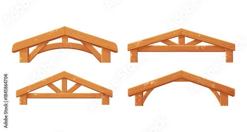 Collection of four different wooden roof truss designs for architectural illustration