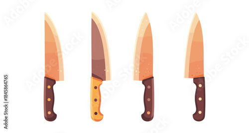 Set of four cartoon kitchen knives with different colored handles on white background