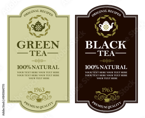 collection of green and black tea labels with leaves and cup