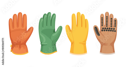 Collection of four different types of protective gloves for various tasks