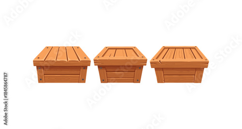 Three wooden crates arranged in a row, showcasing different styles and textures