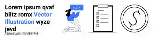 Software development, task management, finance, productivity, teamwork, workflow strategy. Woman coding with brackets, clipboard with checklist circular currency symbol. Software development