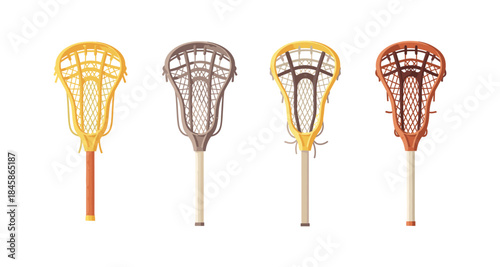Four colorful lacrosse sticks arranged in a row on a white background