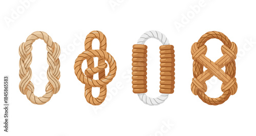 Collection of four decorative rope knots and loops in different styles and colors