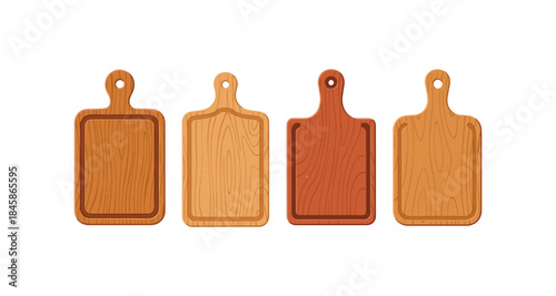 Collection of four wooden cutting boards with different wood grains and shapes
