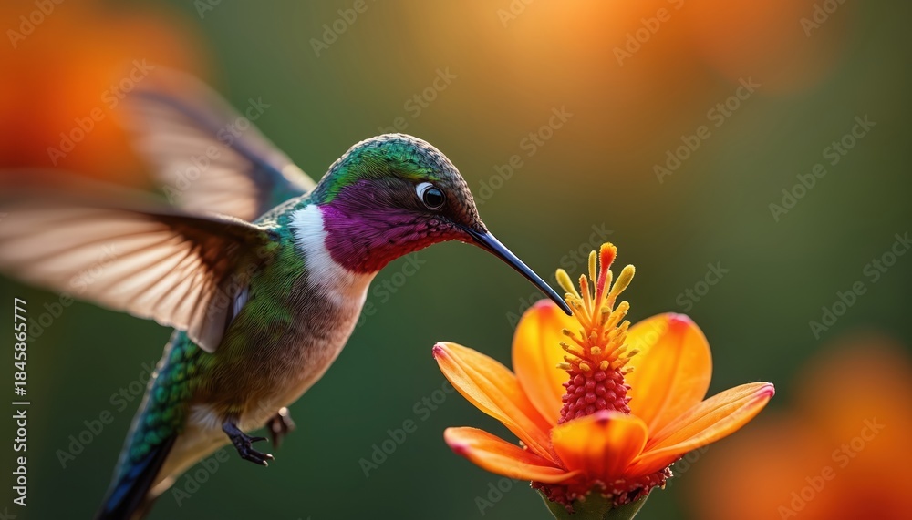 Fototapeta premium Tiny hummingbird with iridescent feathers hovers near bright orange blossom sipping nectar. Bird vibrant green, purple plumage, delicate wings outstretched. Macro view of avian life feeding on sweet