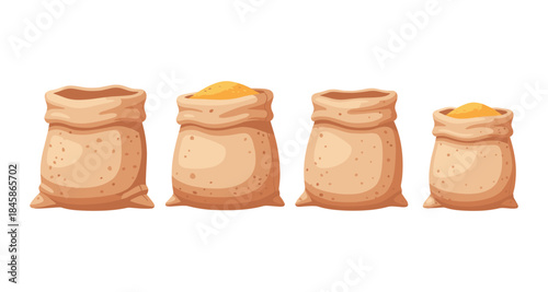 Collection of four burlap sacks, two filled with yellow grain and two empty