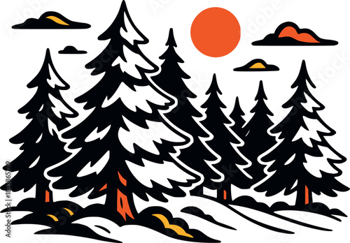 Winter spruce forest, landscape with fir trees, winter forest vector illustration