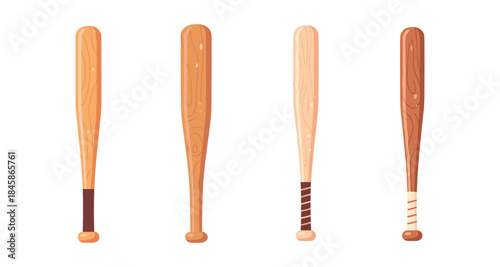 Collection of four wooden baseball bats with different wood grains and handle wraps