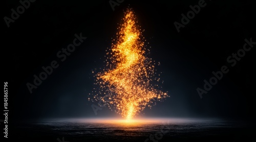 Glowing Christmas tree with sparks shooting out of it. The tree is surrounded by a dark background
