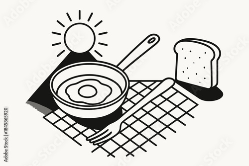 Egg Yolk Sun. Breakfast scene with egg yolk sun casting shadow over skillet and toast, first in line style with thin outline,