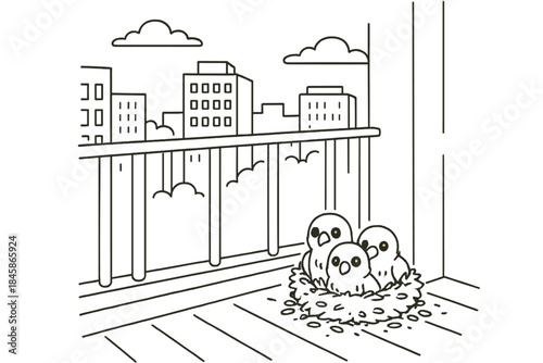 Peregrine Nesting Trio. High-rise balcony with small peregrine nest and fledgling chicks peeking out, first in line style with