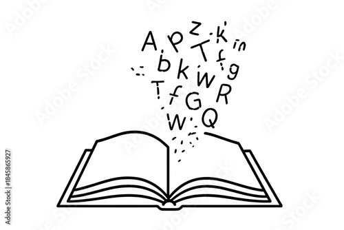 Fading Language Drift. Open book with fading letters drifting off the page symbolizing forgotten language, first in line style
