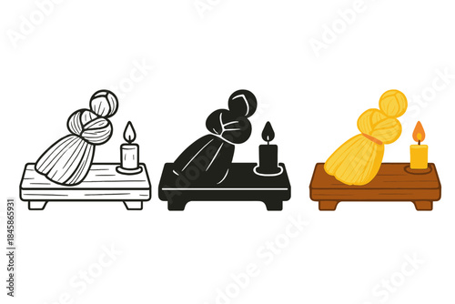 Corn Husk Doll Display. Corn husk doll resting on wooden altar with candle flame beside it, first in line style with thin outline,