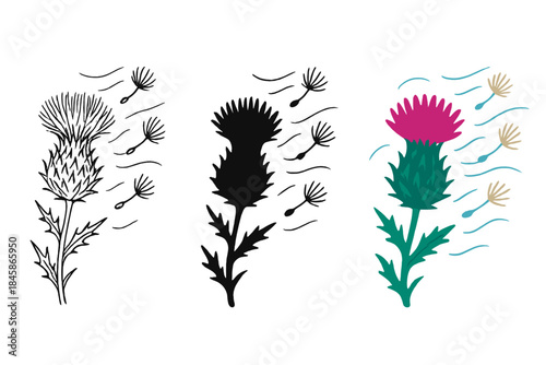 Thistle Breeze Artistry. Thistle flower, floating seeds, gentle breeze, first in line style with thin outline, second in solid