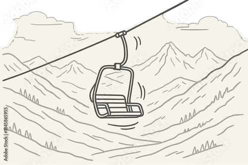 Derelict Ski Lift. Single derelict ski lift chair swaying in wind over empty mountain valley, first in line style with thin