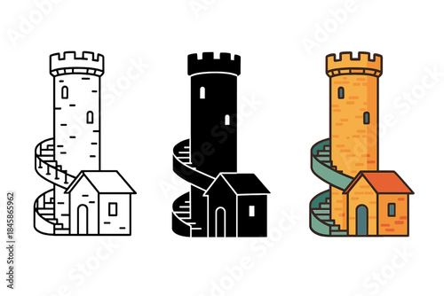 Multistyle Tower Art. Old tower, added small structure, spiral staircase, first in line style with thin outline, second in solid
