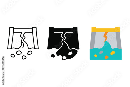 Fractured Dam Art. Dam crest, fractured surface, tiny debris, first in line style with thin outline, second in solid style filled