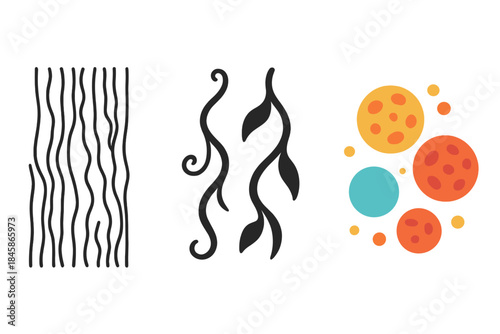 Evolved Vines Design. Bark patterns, evolved vines, floating spores, first in line style with thin outline, second in solid style