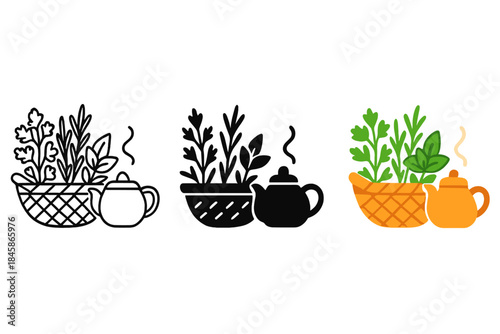 Herbal Tea Trio. Woven basket, assorted herbs, steaming teapot, first in line style with thin outline, second in solid style