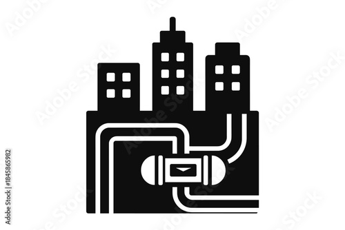 Cityscape Pneumatic Tubes. Solid style icon of a cityscape with visible pneumatic tube network, representing pneumatic citizen