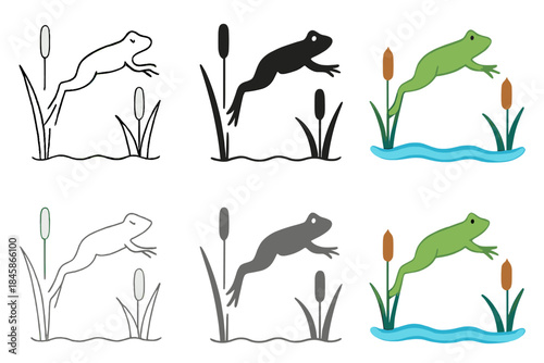 Leaping Frog Illustration. Frog mid-leap between cattails in wetland, simple minimalist vector illustration, first in line style